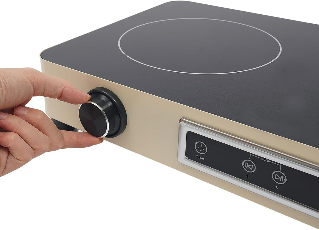 2 Burner Electric Cooktop 1100W Countertop Stove Top with Knob Control 110-120V Plug in Electric Cooktop with Touch Control & Timer for Kitchen, RV, Apartment (Cream Yellow)