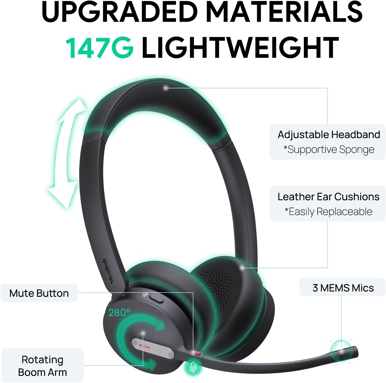 Yealink BH70 Dual Wireless Headset with Mic for Work, Bluetooth Headphone with Teams Certification, up to 35h Talk Time, 147g All-Day Wearing Comfort, Include USB-C/A Dongle & BHC70 Charging Stand