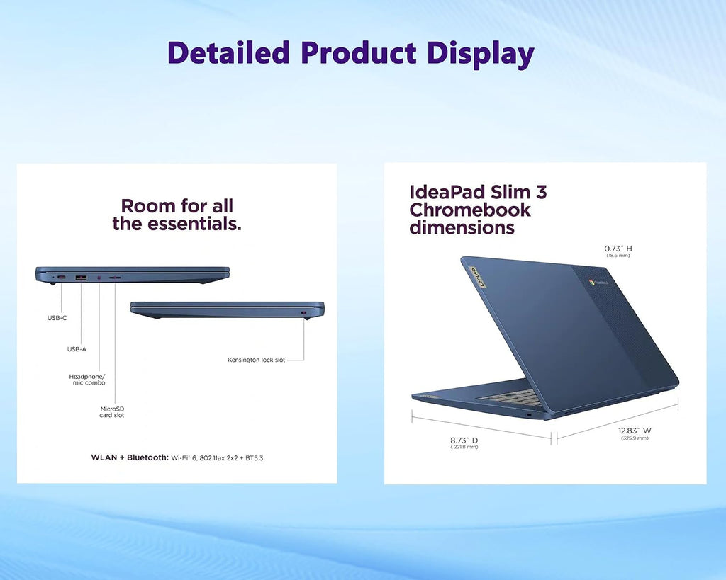 Lenovo IdeaPad Slim 3 Chromebook 14' FHD Touchscreen Laptop, MediaTek (8-Core) CPU, 4GB RAM|64GB eMMC+64GB USB Flash Drive| Chrome OS| Wi-Fi 6| SD Card Reader| Blue| for Business & Students|RK Bundle