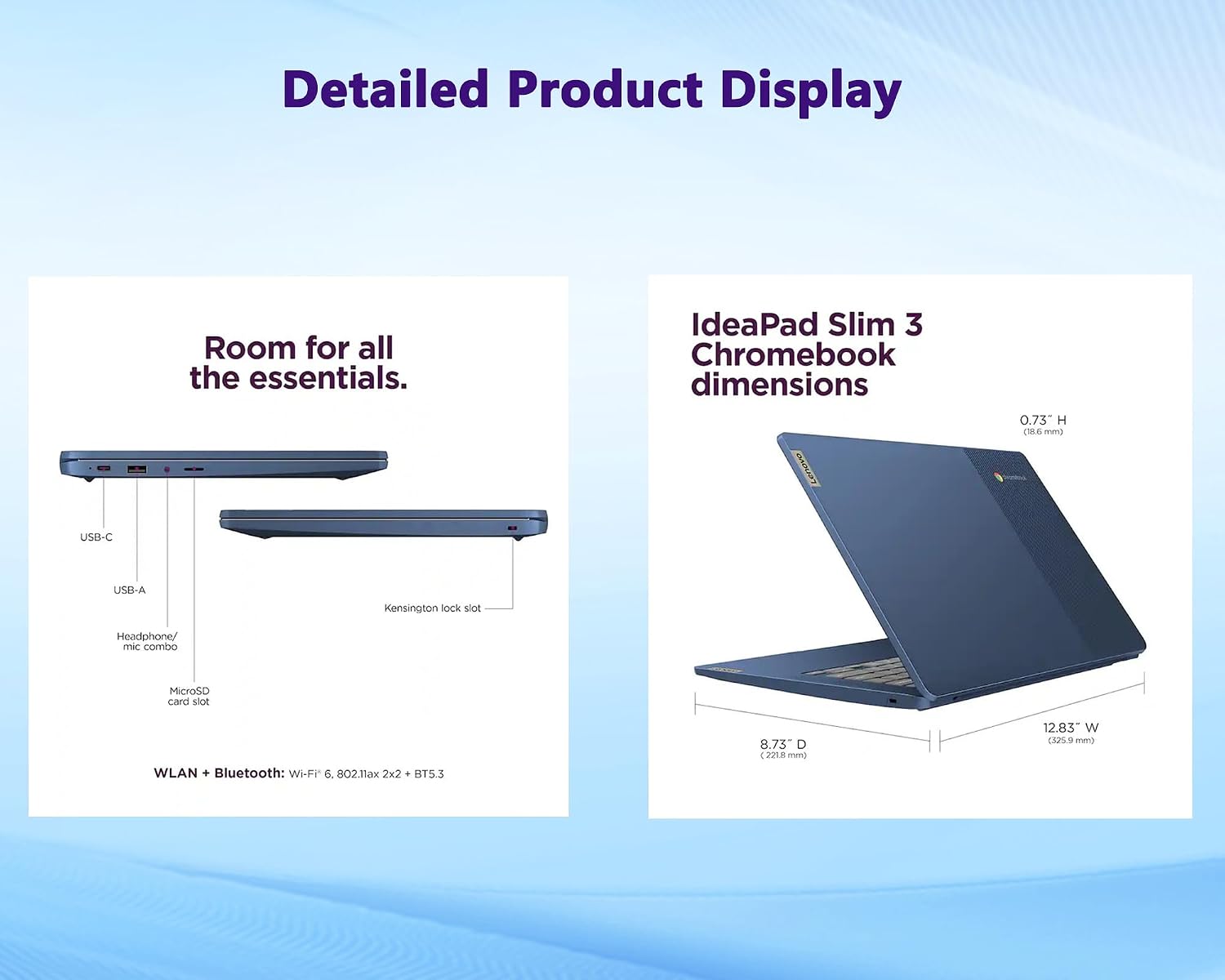 Lenovo IdeaPad Slim 3 Chromebook 14' FHD Touchscreen Laptop, MediaTek (8-Core) CPU, 4GB RAM|64GB eMMC+64GB USB Flash Drive| Chrome OS| Wi-Fi 6| SD Card Reader| Blue| for Business & Students|RK Bundle