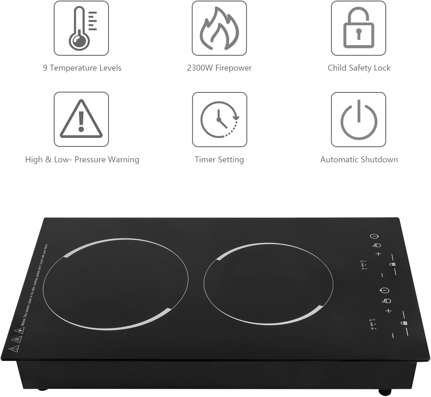 Double Induction Cooktop, 1200W+1100W-Multiple Power Levels, 9 Temperature, Portable Induction Cooker with 2 Burner Independent Control, 2 Hour Timer, Safety Lock for Home Apartment