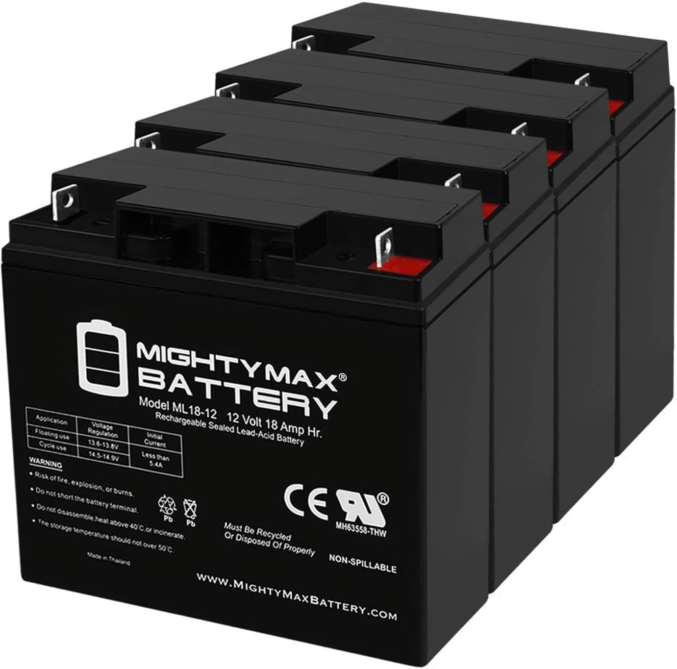 Mighty Max Battery ML18-12 - 12V 18AH New SLA AGM Battery for YardWorks Electric Lawn Mower - 4 Pack