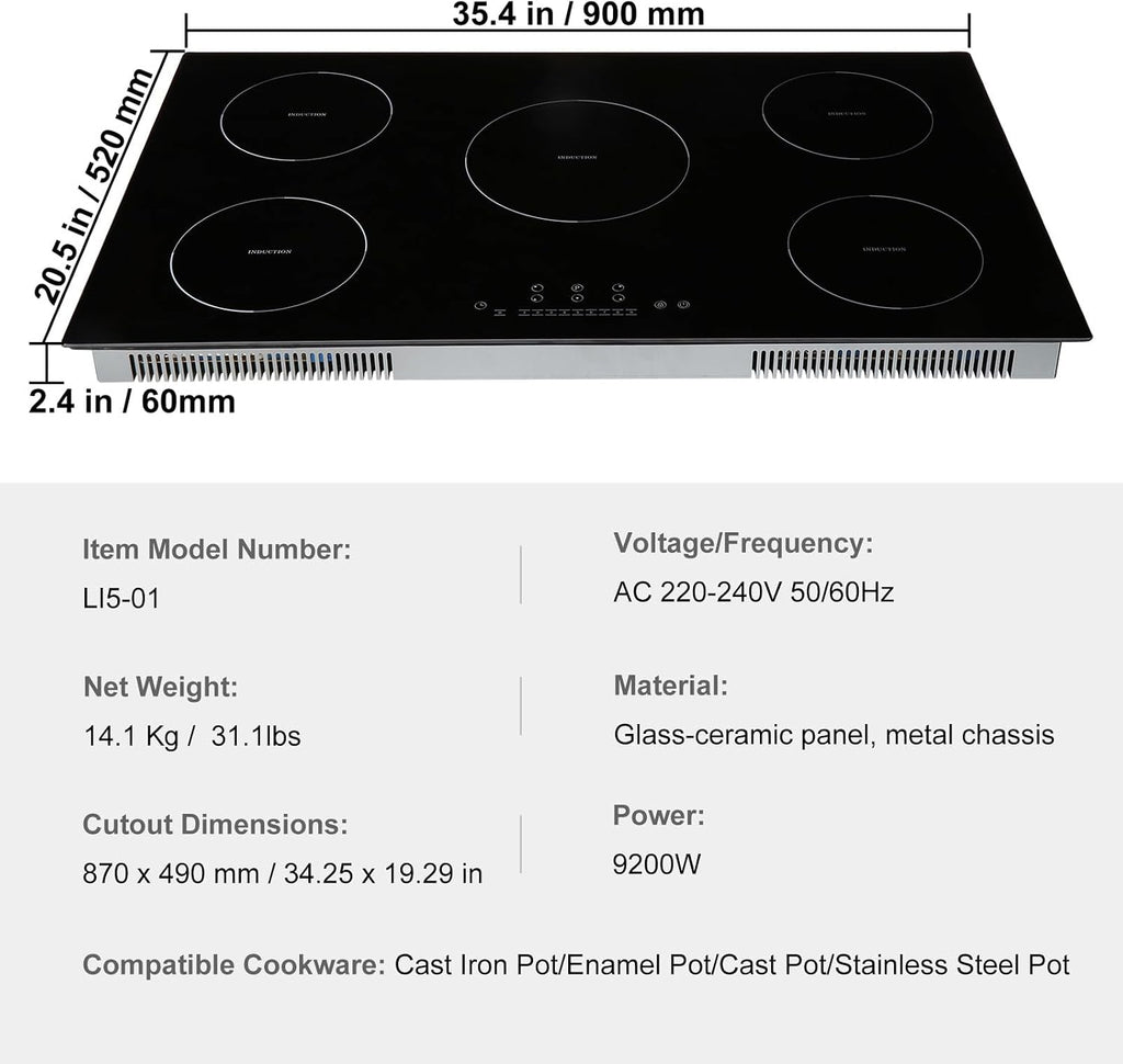 Happybuy Electric Cooktop, 5 Burners, 36'' Induction Stove Top, Built-in Magnetic Cooktop 9200W, 9 Heat Levels, Multifunctional Burner, LED Touch Controls with Child Lock & Overheat Protection