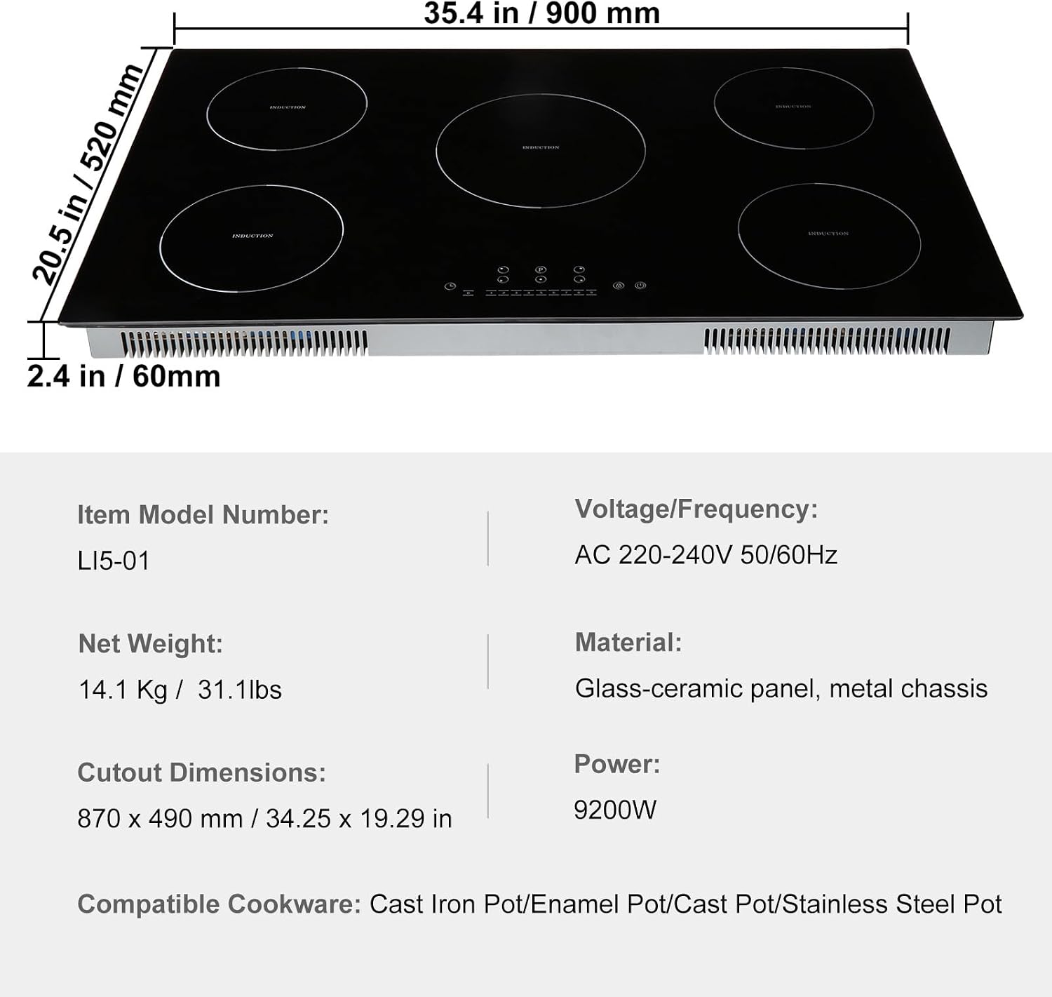 Happybuy Electric Cooktop, 5 Burners, 36'' Induction Stove Top, Built-in Magnetic Cooktop 9200W, 9 Heat Levels, Multifunctional Burner, LED Touch Controls with Child Lock & Overheat Protection