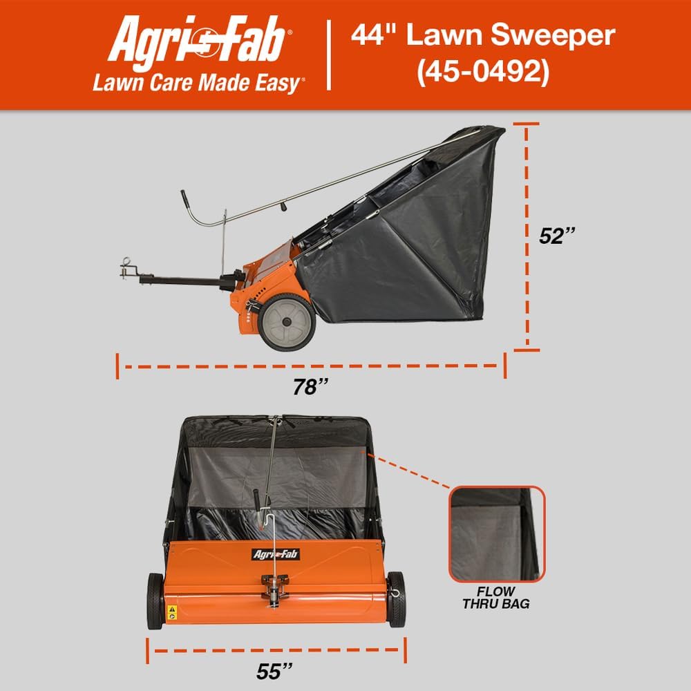 Agri-Fab 45-0492 44' Tow-Behind Lawn Sweeper, 28 cu. ft Hopper Bag Capacity; Leaf & Grass Catcher, with Adjustable Brush Height and Dump From Seat Handle