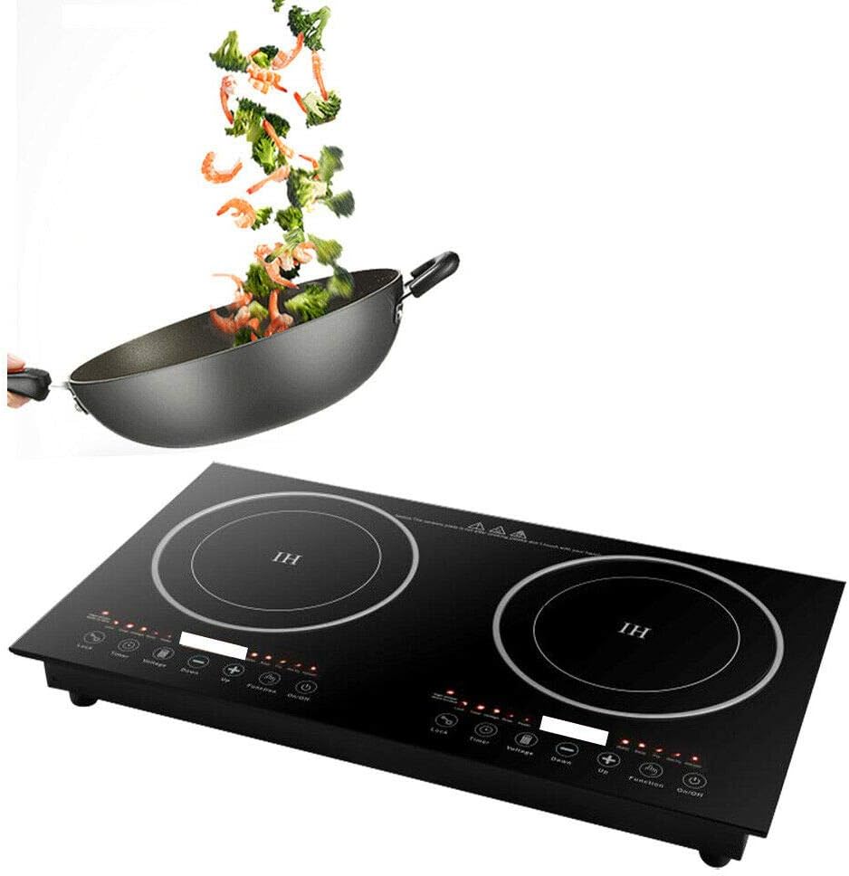 1200W Double Induction Cooktop Dual Burner Portable Digital Electric Countertop Burner Touch Sensor Control Multiple Function Black Crystal Panel 8 Gear Firepower 110V