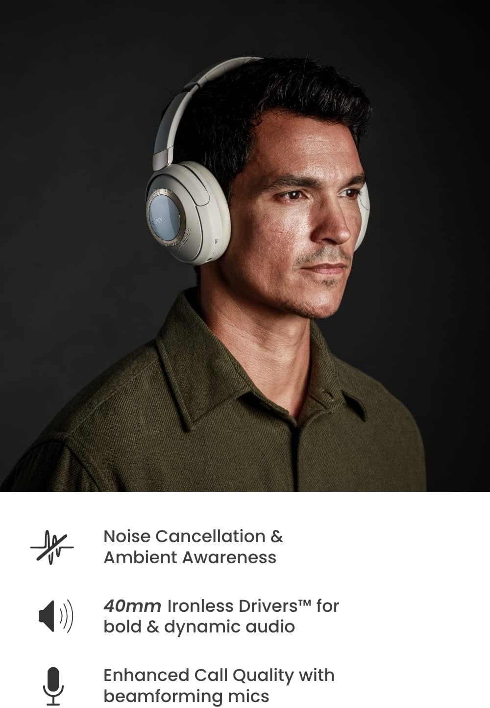 Cleer Audio Alpha Adaptive Active Noise Canceling Bluetooth Headphones, Dual-Microphone, Touch Controls, 35 Hr Battery Life, Multipoint Connection, Dirac Spatial Audio, App, Stone