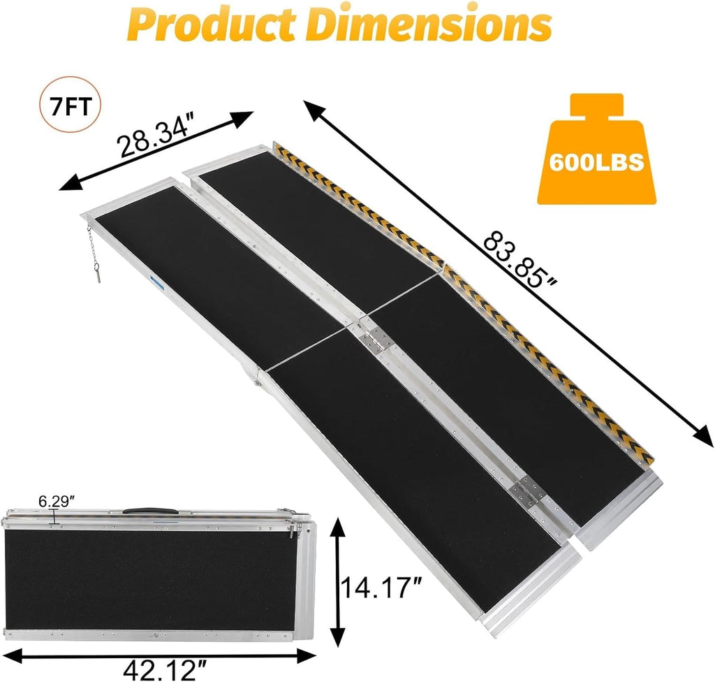 Portable Wheelchair Ramp 7FT, Non-Slip Aluminum Folding Handicap Ramp, Door Threshold Wheelchair Ramps Aluminum Ramp with Non-Skid Surface & Reflective Strips