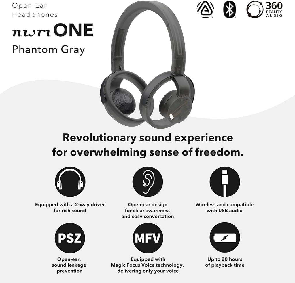 nwm ONE Wireless Open-Ear Headphones | Prevents Sound Leakage with PSZ Technology (Bone Conduction Alternative) | Bluetooth 5.3 | Multipoint | 20-Hour Battery Life with Microphone | Phantom Gray