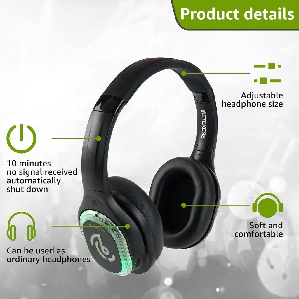 Retekess TA003 Silent Disco Headphone System,Silent Disco Headsets with 3 Channel,LED Lights,Hi-Fi Sound Quality,Silent Disco Headphones Wireless for Dance Party,Festivals, School (Pack of 4)