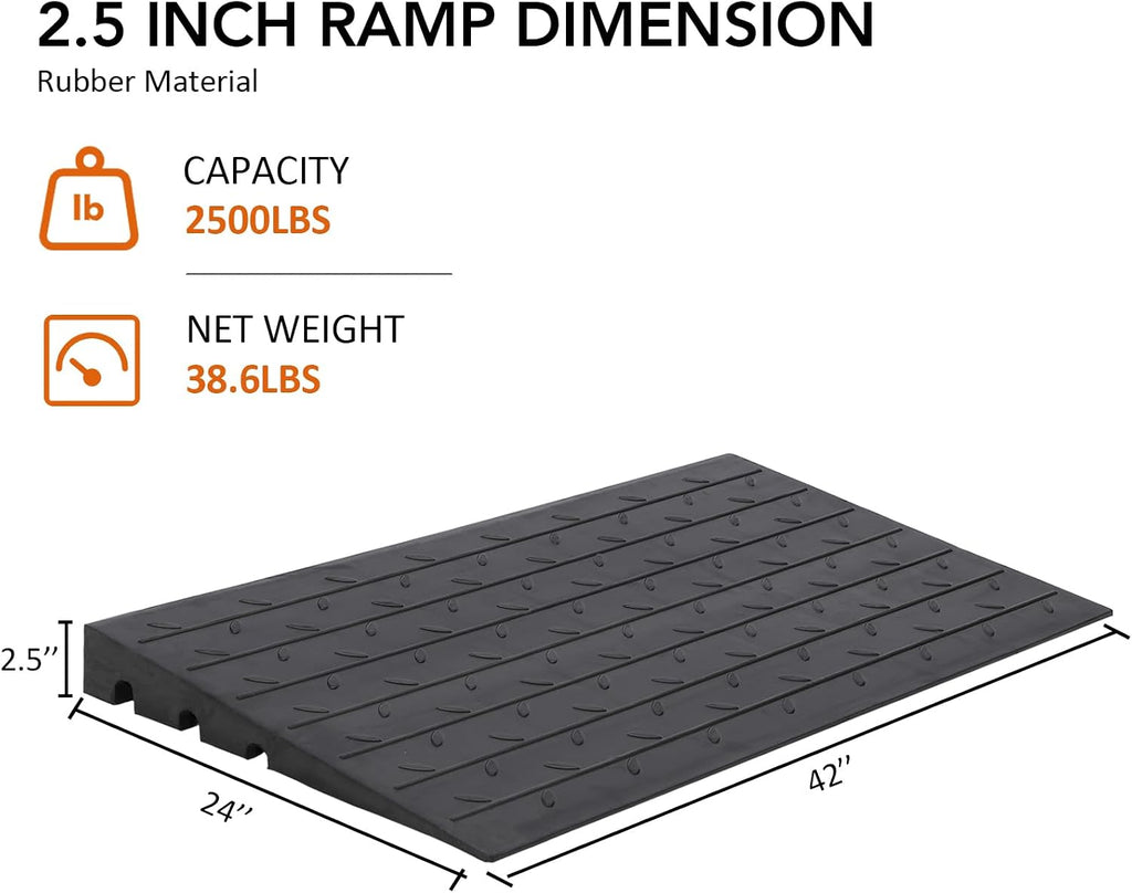 2.5' Rubber Threshold Ramp, Ramp for Wheelchair, Scooter, Doorway Ramp, Wheelchair Ramp Rubber, Driveway Curb Ramps, Handicap Ramps for Home Entry, Steps, Doorways, Curbs with 3 Channels Cord Cover