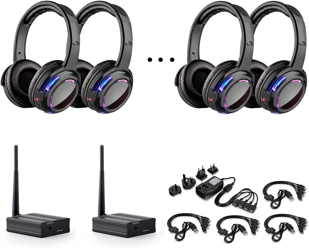 Professional Silent Disco LED Wireless Headphones and RF LED Silent Disco Earphones for iPod MP3 DJ Music Pary Club (10 led Headphone + 2 Transmitter)