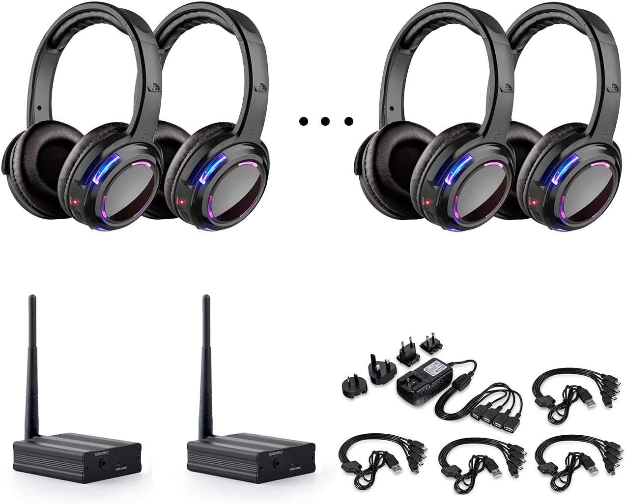 Professional Silent Disco LED Wireless Headphones and RF LED Silent Disco Earphones for iPod MP3 DJ Music Pary Club (10 led Headphone + 2 Transmitter)