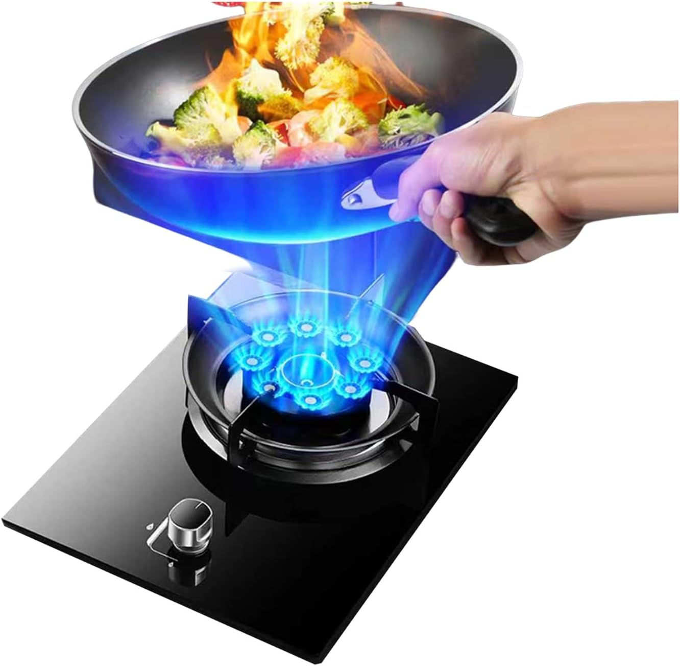 Gas Cooker 1 Burner,5.2kw 9-Cavity High Fire Cooktops,Stainless Steel Glass Top Wok Burner,NG/LPG Gas Source Kit,with Flameout Protection,for Home Kitchen(NG)