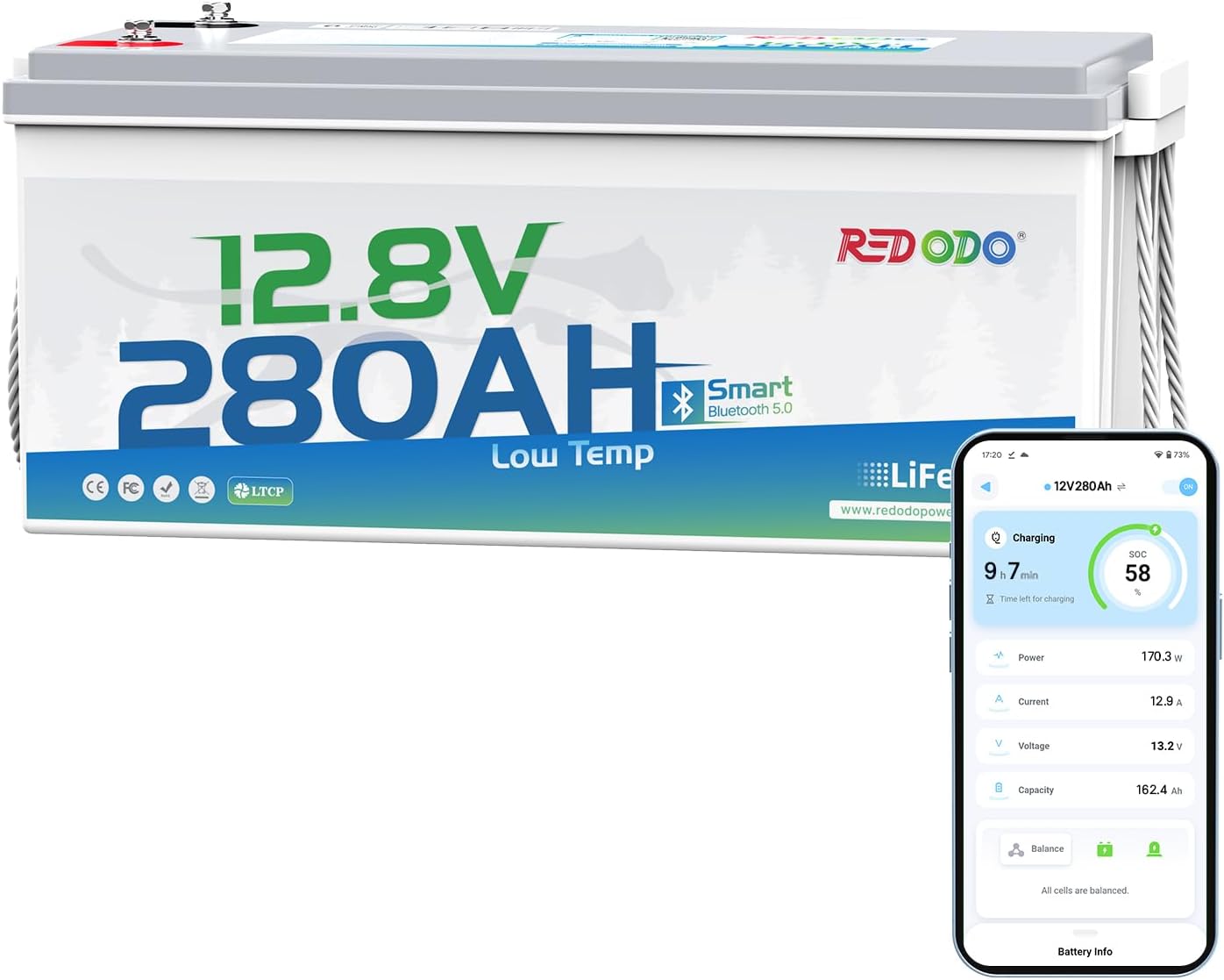 Redodo 12V 280Ah Bluetooth Lifepo4 Battery, Low Temp Cut-off Max 3584Wh Lithium Battery with 200A BMS, 4000+ Cycle, Ideal for Trolling motor, Marine, RV and Off Grid