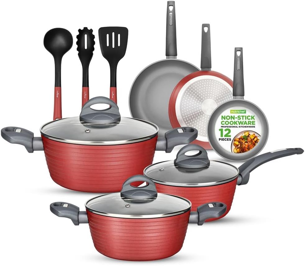NutriChef Professional 12-Piece Red Nonstick Cookware Set - PFOA/PFOS-Free, Heat Resistant Lacquer, Elegant Design, Multi-Sized Pots and Pans