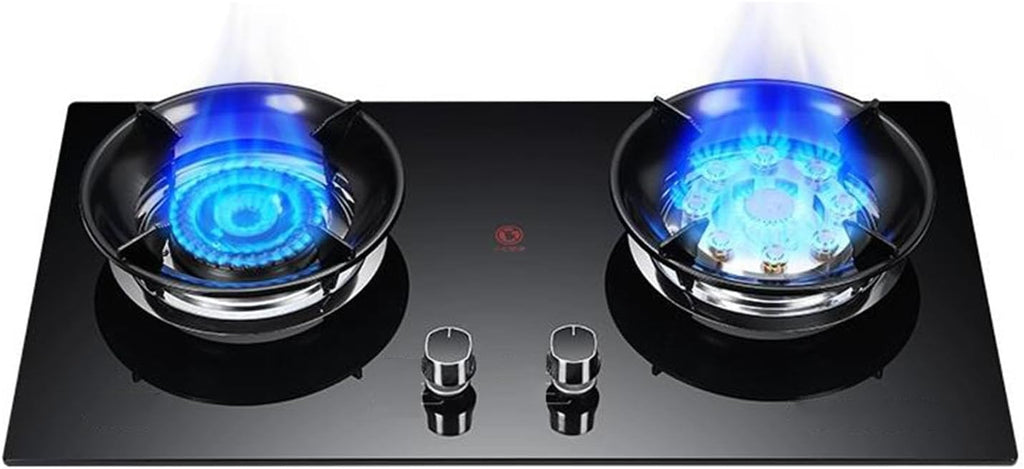 Portable Gas Stove,5.2KW 9-Cavities Cooktop 2 Burners,Top Cooking with Flameout Protection,Tempered Glass Cast Iron Pot Rack,for Home Kitchen(LPG)