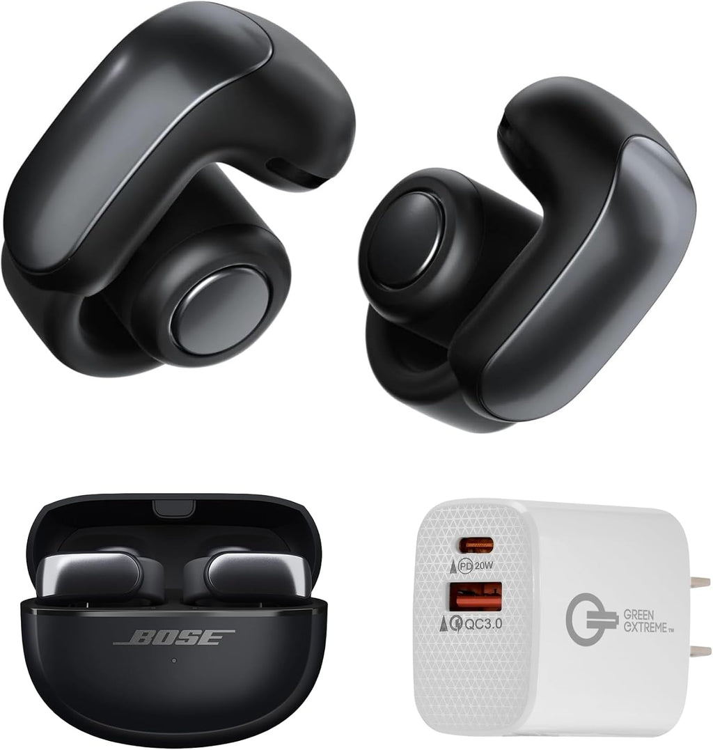 Bose Ultra Open Bluetooth Earbuds, True Wireless Earbuds with OpenAudio for Awareness, Clip On Design for Comfort, Immersive Audio, Up to 48 Hrs of Playtime + 20W Wall Charger (Black)