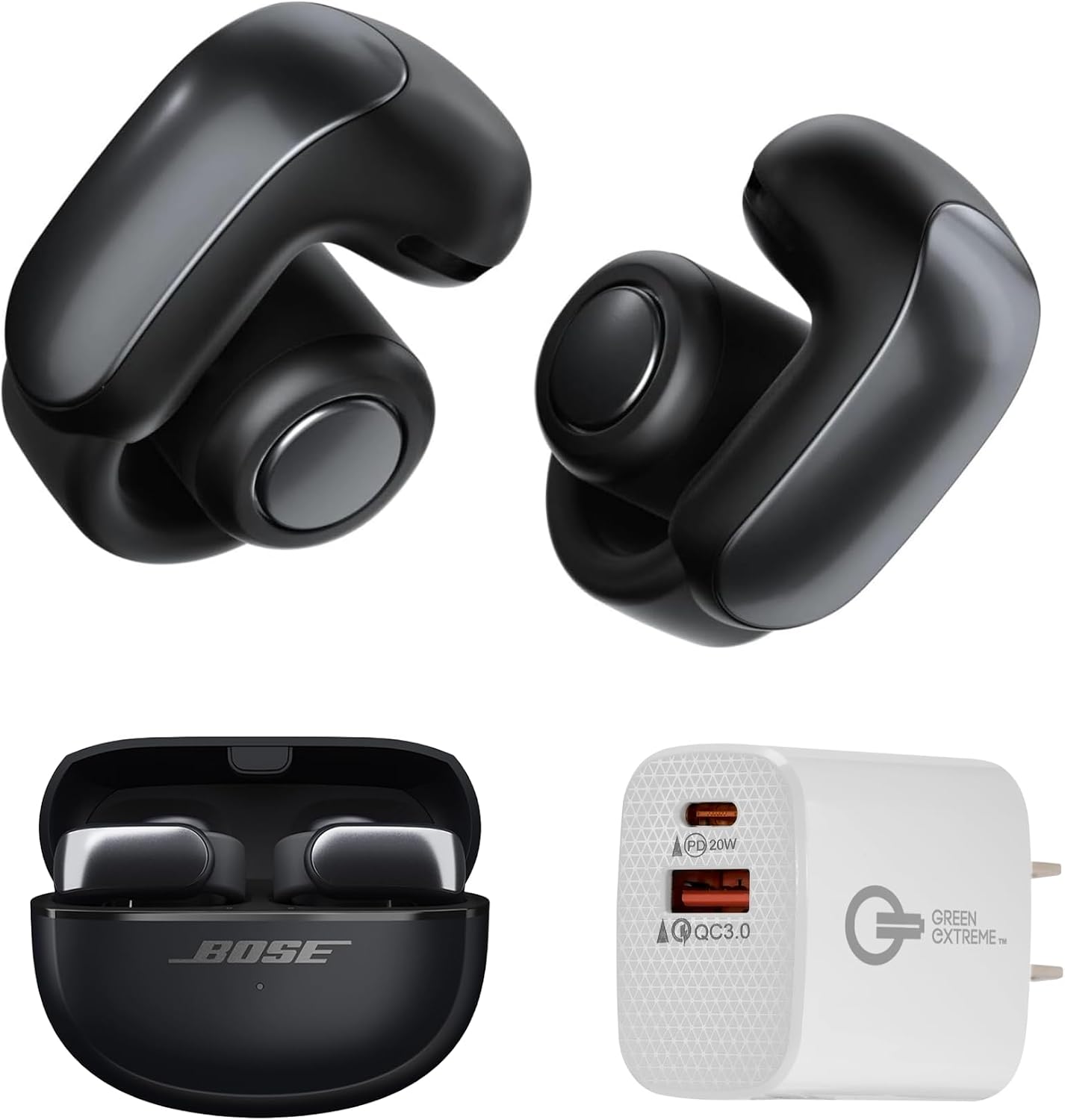 Bose Ultra Open Bluetooth Earbuds, True Wireless Earbuds with OpenAudio for Awareness, Clip On Design for Comfort, Immersive Audio, Up to 48 Hrs of Playtime + 20W Wall Charger (Black)