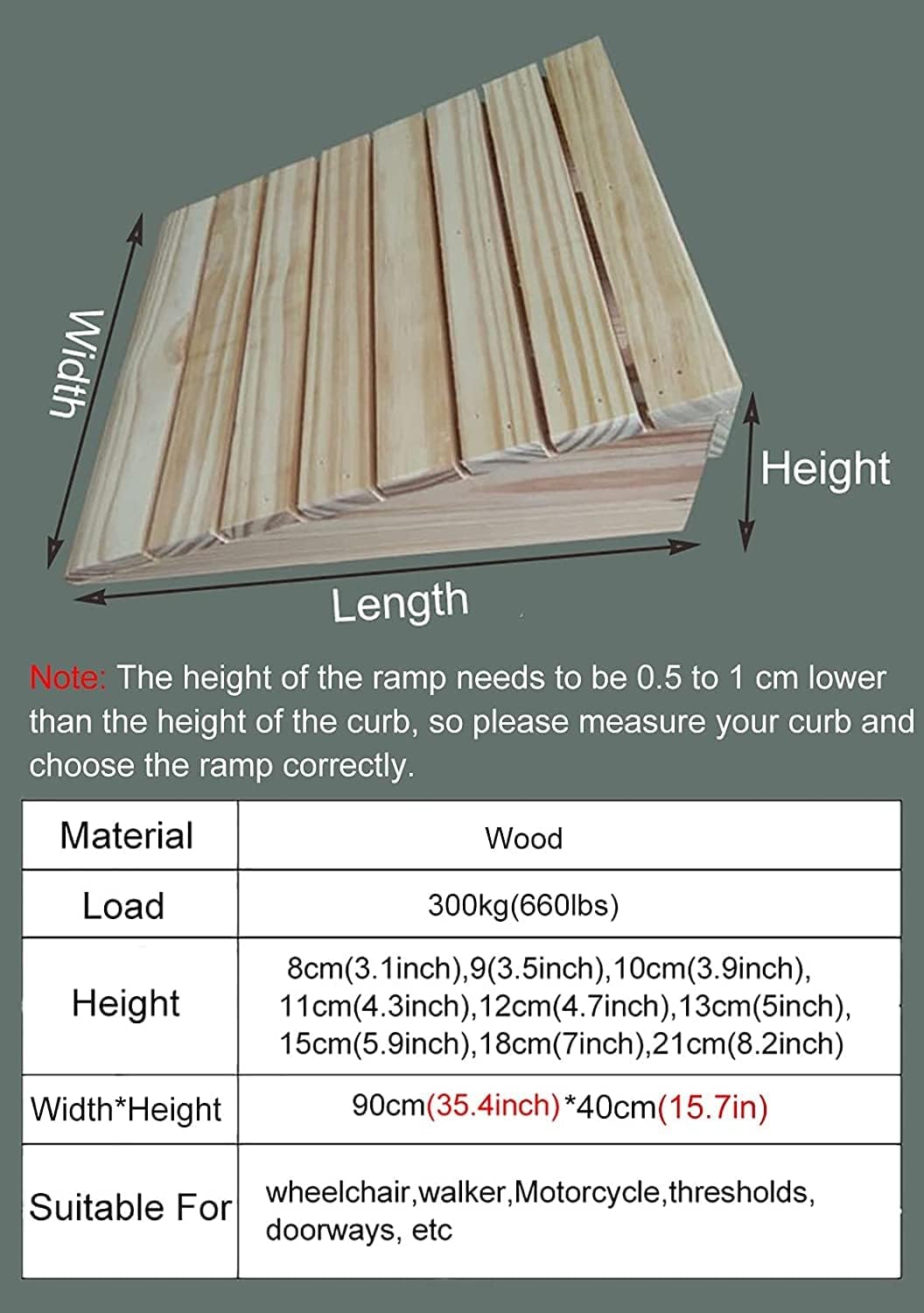 Wheelchair Ramp Wooden Wheelchair Ramp Portable Threshold Ramp Handicap Ramps with Handles for Front Door/Garden Steps Scooter Ramp Anti-Slip