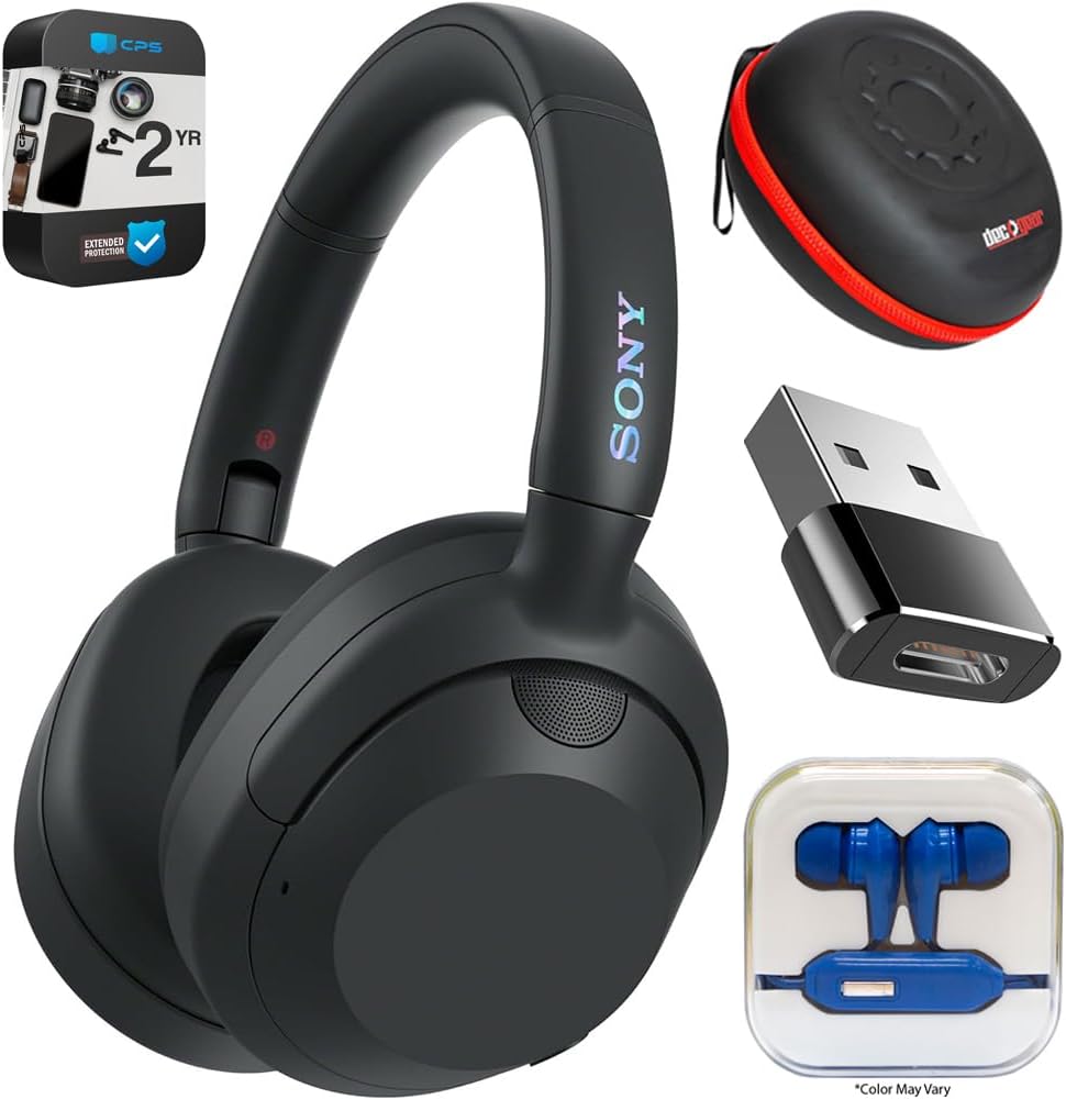 Sony WHULT900N/B ULT WEAR Wireless Noise Canceling Headphones - Black Bundle with 2 YR CPS Enhanced Protection Pack, Mizco Travelocity in-Ear Headphone, Deco Gear Hard Case and Type C Adapter