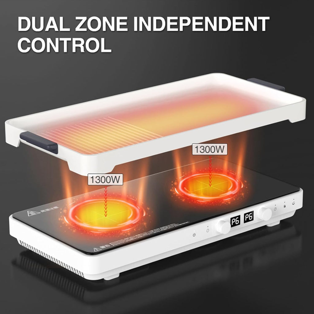 Dual Induction Cooktop, 2 Burner Electric Cooktop with Removable Griddle Non-Stick, Induction Burner, Suitable for Magnetic Cookware