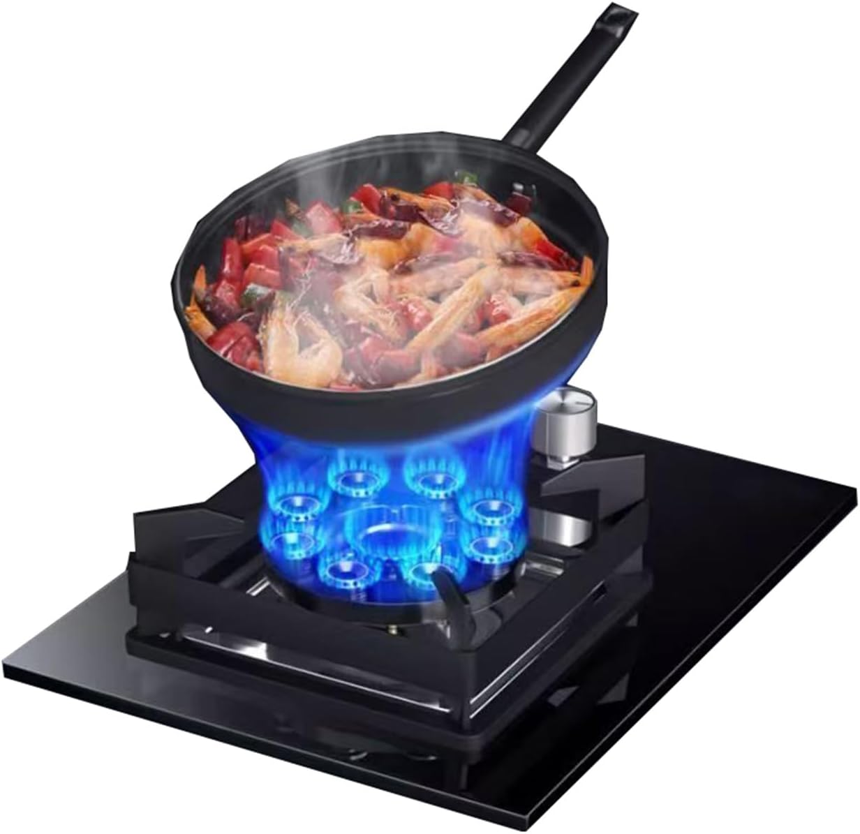 43cm Gas Cooktop,1 Burner Gas Stove,5.2KW 9 Cavity High-fire Timer,Tempered Glass Cast Iron Pot Rack,with Flameout Protection,for Home Kitchen(NG)