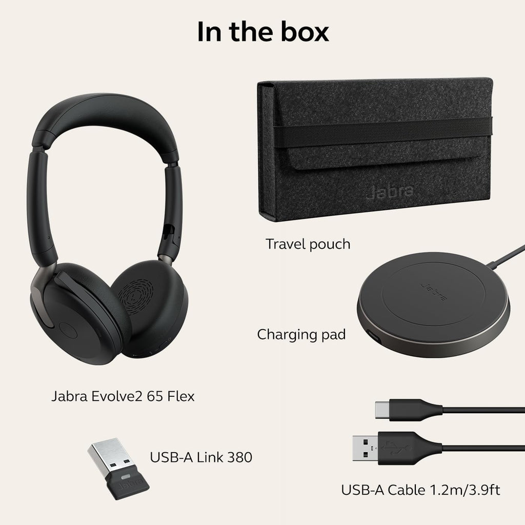 Jabra Evolve2 65 Flex Stereo Headset with Bluetooth, Wireless Charging Pad - Noise-Cancelling ClearVoice Technology & Hybrid Active Noise Cancellation - Works with Leading UC Platforms - Black