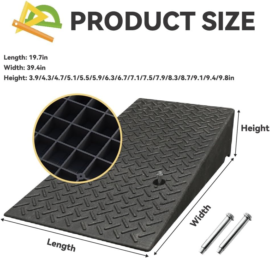 Rubber Curb Ramp Heavy Duty Threshold Ramp Portable Shed Ramp H 10-25 CM Doggy Door Ramp for Cars Bicycles Motorcycles Wheelchairs Lawn Mowers Pets(19.7x39.4x5.5in)