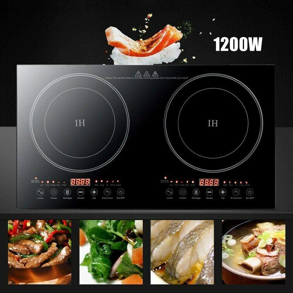 1200W Double Induction Cooktop Dual Burner Portable Digital Electric Countertop Burner Touch Sensor Control Multiple Function Black Crystal Panel 8 Gear Firepower 110V