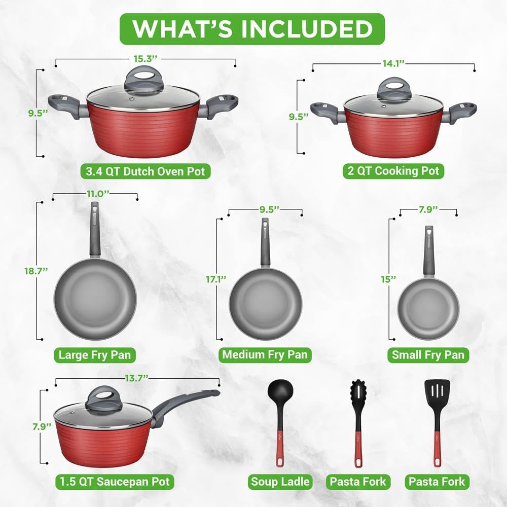 NutriChef Professional 12-Piece Red Nonstick Cookware Set - PFOA/PFOS-Free, Heat Resistant Lacquer, Elegant Design, Multi-Sized Pots and Pans