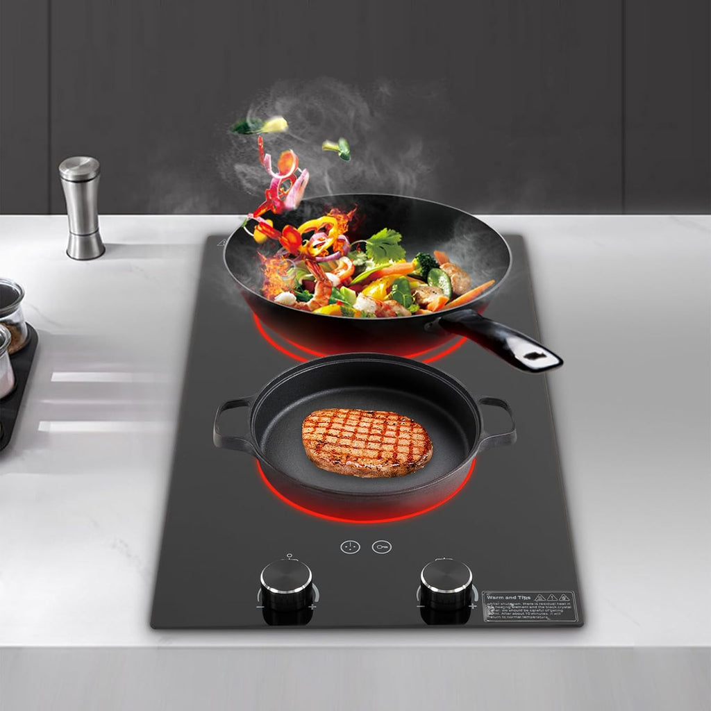 Electric Cooktop, 110V Electric Ceramic Cooktop, Double-burner Ceramic Electric Hob, Portable Countertop Burner, Touch Control, 1800W Countertop Burner, Electric Hob Top with Knob Control