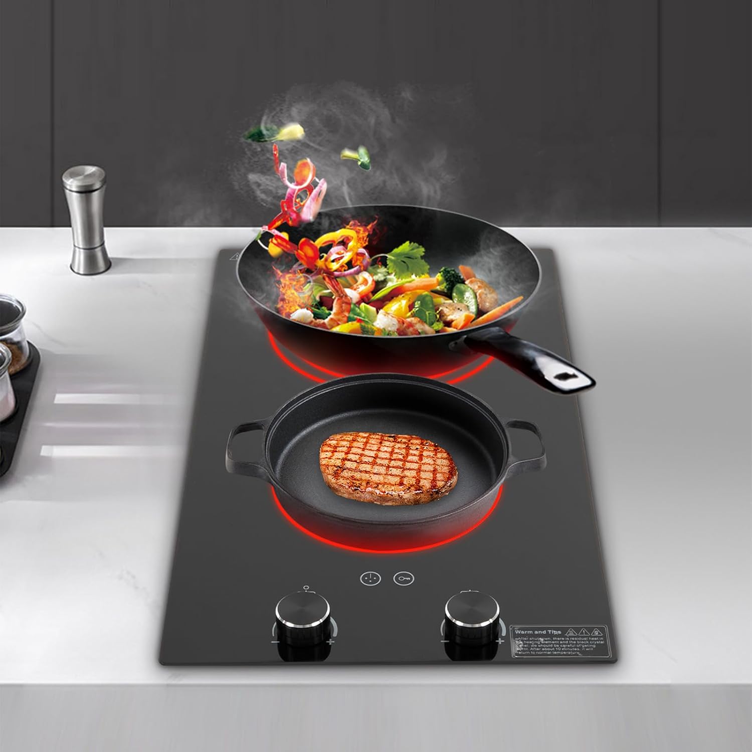 Electric Cooktop, 110V Electric Ceramic Cooktop, Double-burner Ceramic Electric Hob, Portable Countertop Burner, Touch Control, 1800W Countertop Burner, Electric Hob Top with Knob Control