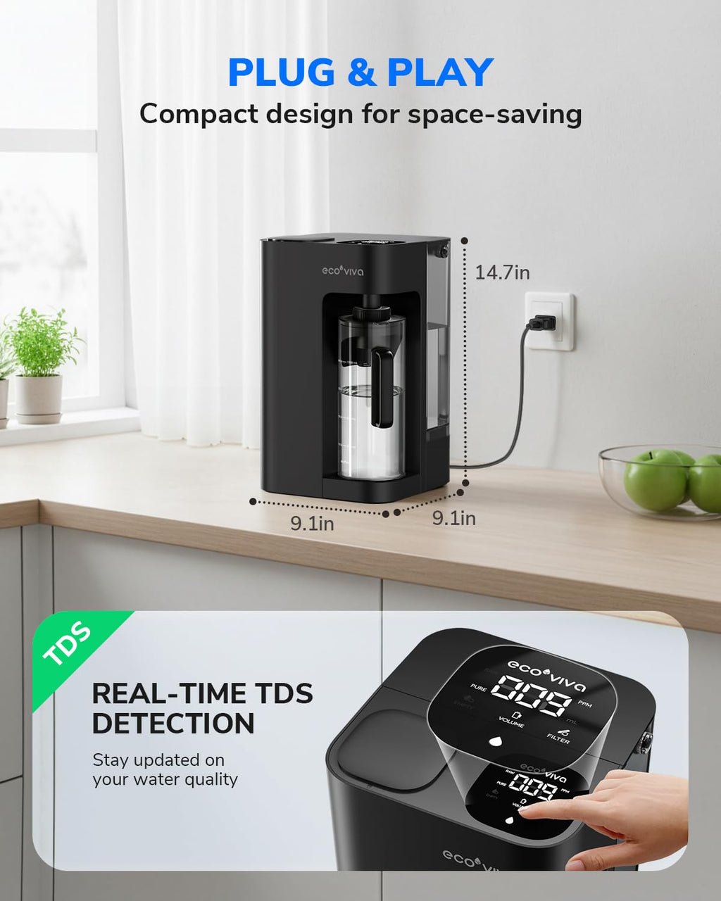 Ecoviva Mate 3 Countertop Reverse Osmosis Water Filter with 2 Auto-Fill Pitchers, 8-Stage RO Filtration System, Installation-Free, Reduces TDS, 3:1 Pure-to-Drain Ratio, Home & Kitchen, Black