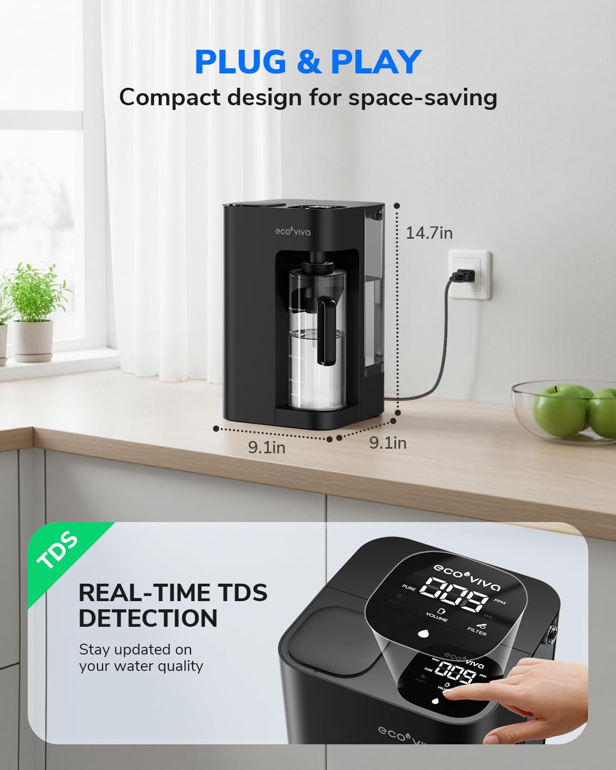 Ecoviva Mate 3 Countertop Reverse Osmosis Water Filter with 2 Auto-Fill Pitchers, 8-Stage RO Filtration System, Installation-Free, Reduces TDS, 3:1 Pure-to-Drain Ratio, Home & Kitchen, Black