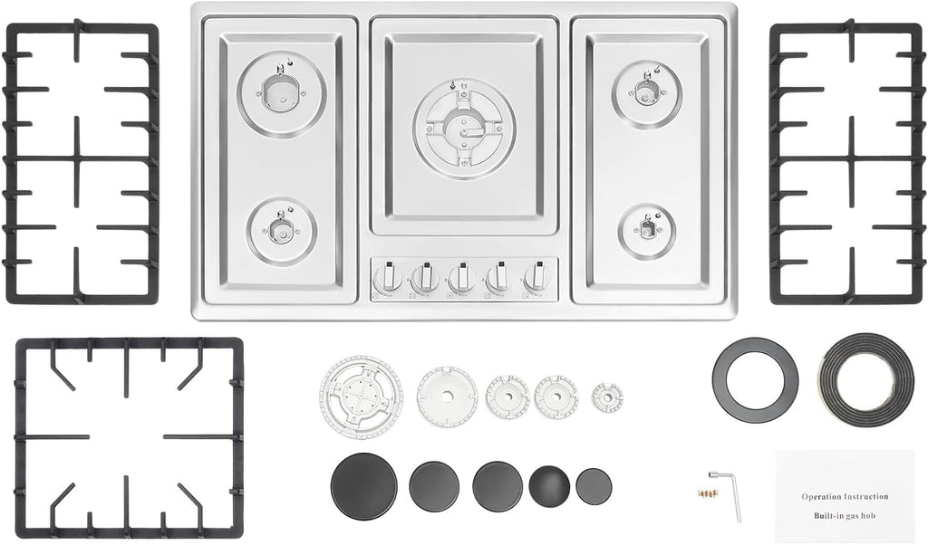 34 inch Gas Cooktop, Stainless Steel Built-in 5 Burners Stovetop, LPG/NG Dual Fuel Auto Ignition Gas Hob, Propane Stove Top with Thermocouple Protection for Apartments Indoor