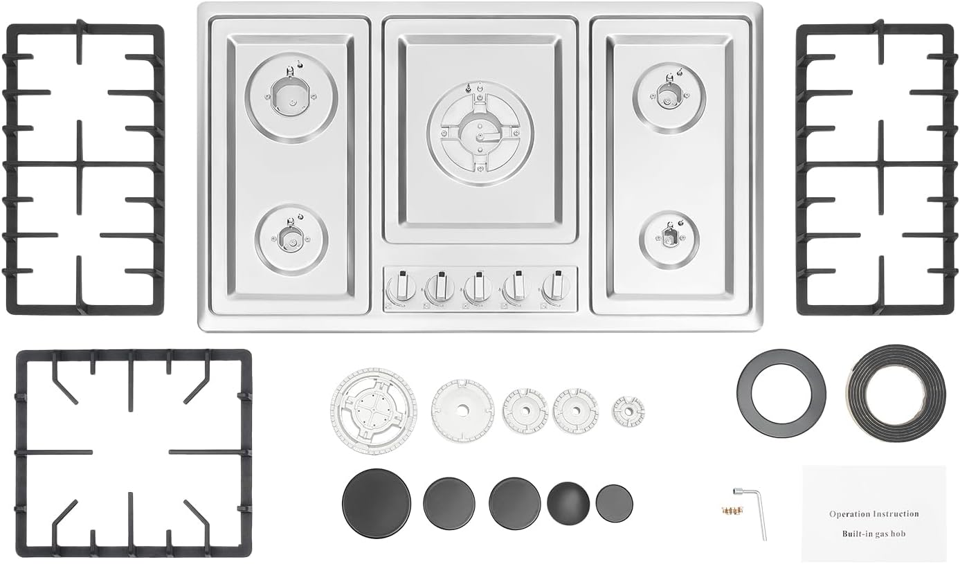 34 inch Gas Cooktop, Stainless Steel Built-in 5 Burners Stovetop, LPG/NG Dual Fuel Auto Ignition Gas Hob, Propane Stove Top with Thermocouple Protection for Apartments Indoor