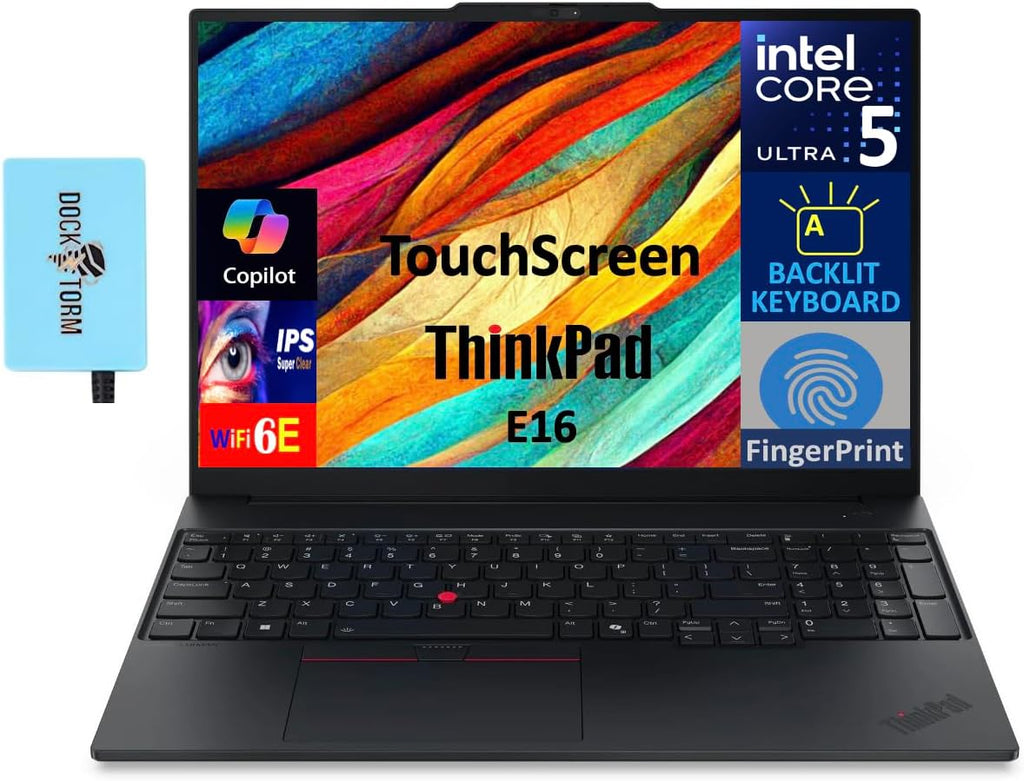 Lenovo ThinkPad E16 Business Laptop 16.0' Touch IPS WUXGA Display (Intel Ultra 5-225U, 16GB DDR5, 512GB PCIe SSD, Intel Graphics, Backlit KB, Fingerprint, Win 11 Pro) with Dockztorm Hub