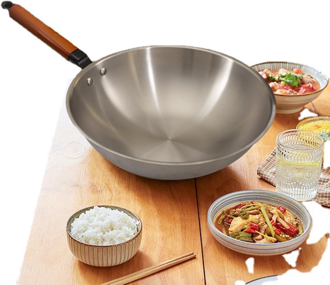 Pure Titanium Wok Titanium Wok Uncoated Flat Bottom Non-Stick Pan,Woks & Stir Fry Pans with Stay-Cool Handle,Flat Bottom Wok Suits for Induction, Electric, All Stoves,