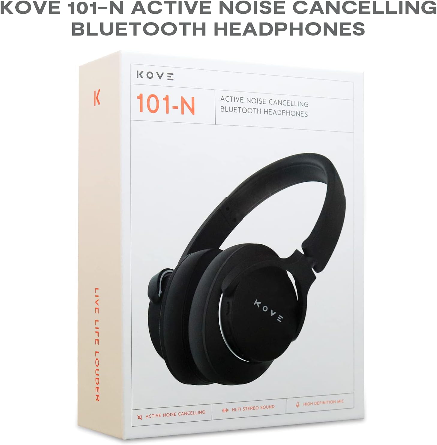 KOVE 101-N Active Noise Cancelling Headphones - Wireless Over-Ear Bluetooth Headphones, 200H Stand-by Time, Hi-Res Audio, Deep Bass, Memory Foam, for Travel, Home and Office - Built-in Microphone