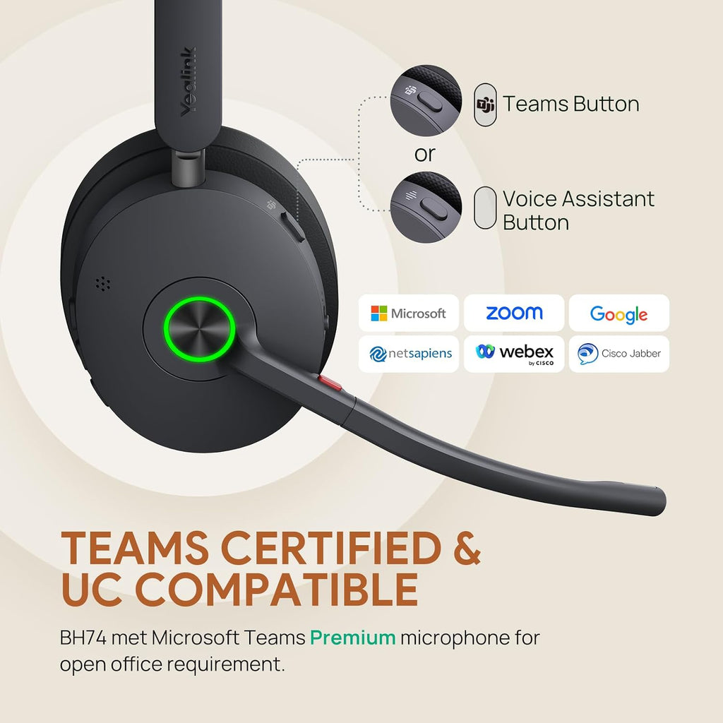 Yealink BH74 ANC Wireless Headset with Mic for Work, Bluetooth Headset Noise Cancelling with 6 AI Microphone,32H Battery Life & Mute Button,Microsoft Teams Premium Open Office Certified,UC Compatible