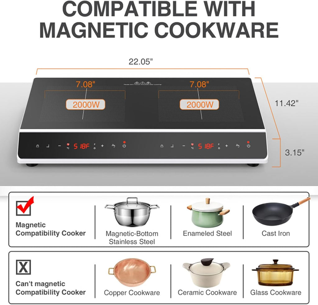 Desktop Double-Head Induction Cooker, 24'' Induction Cooktop with 2 Burners With Led Touch Screen With Child Safety Lock and Timer