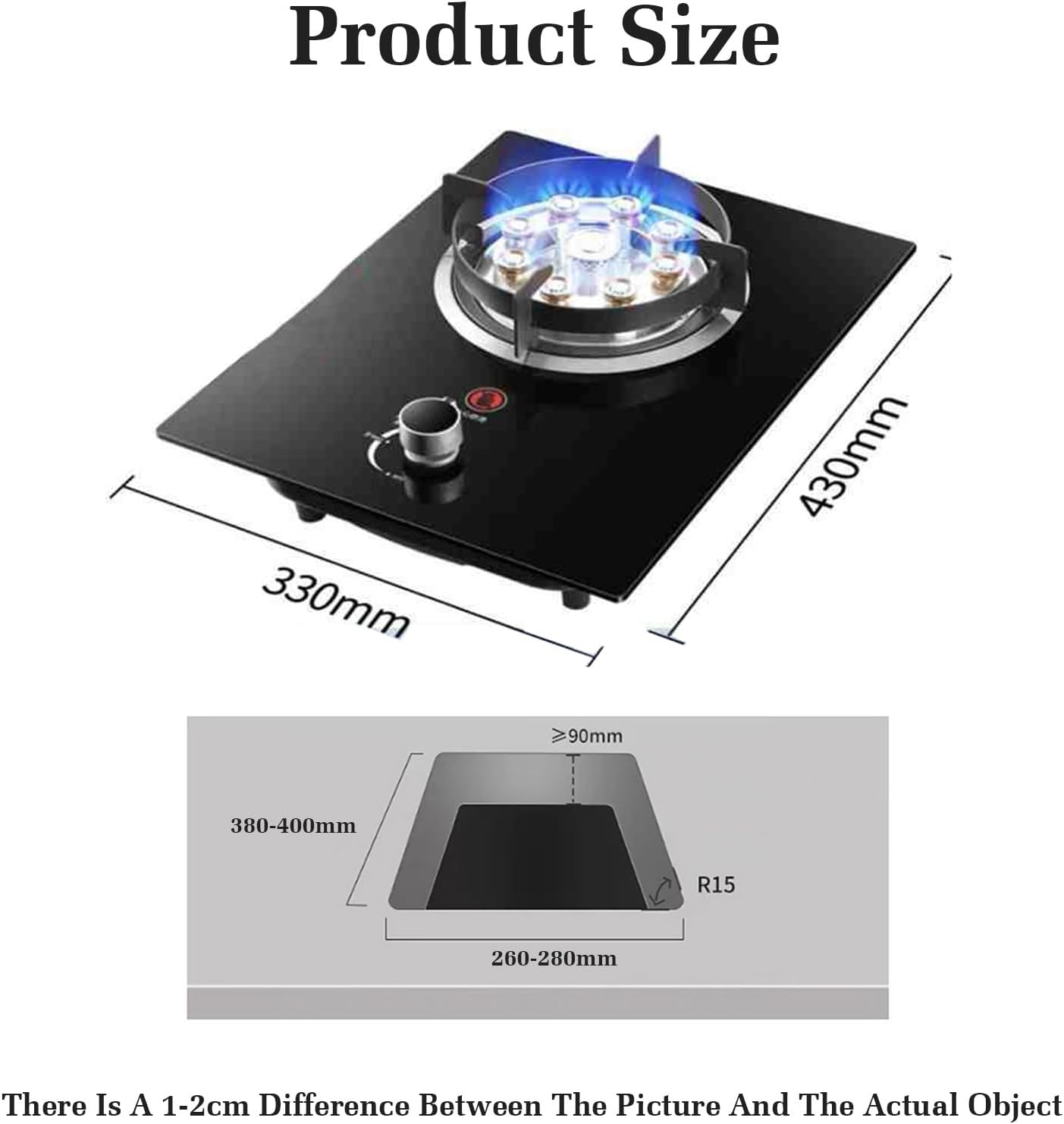 Gas Stove 430mm,5.2KW Gas Cooker 1 Burner,Gas/LP Gas Conversion Stove,Tempered Glass Cast Iron Pot Rack,with Flameout Protection,for Home Kitchen(LPG)