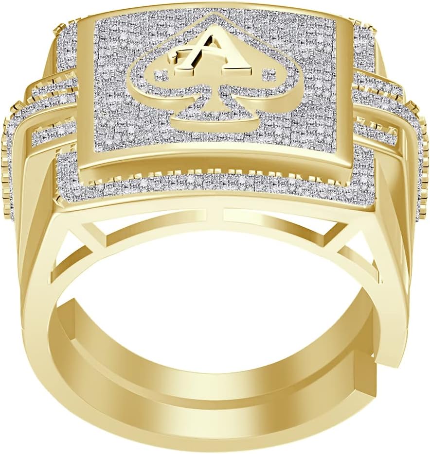 Men's Real Genuine Authentic Diamond 0.75 Ct. Ace Of Spades Poker Playing Card Royal Flush Custom Ring 10K Gold On Band Big 24mm (Adjustable 10 Up 12)