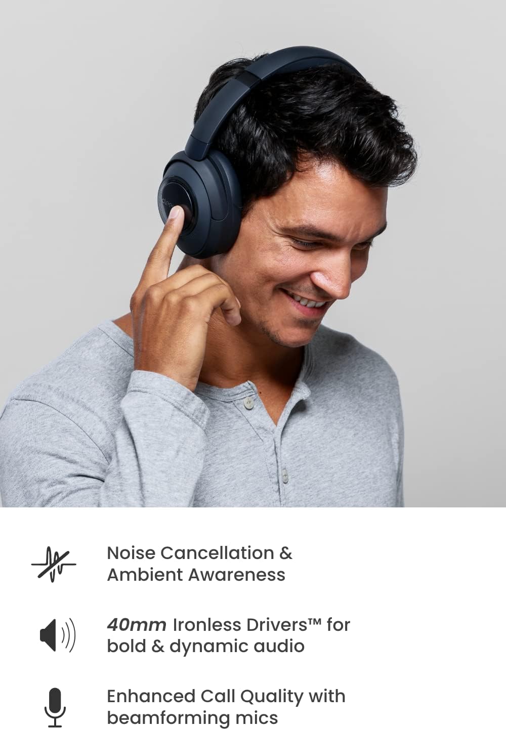 Cleer Alpha Noise Cancelling Bluetooth Headphones, 40mm Ironless Driver, Deep Bass Customize EQs, 35Hr Play, Dual-Mic, Clear Calls, Comfort Fit, Bluetooth 5.1, Hi-Res Wireless Headphone, Midnight Blue