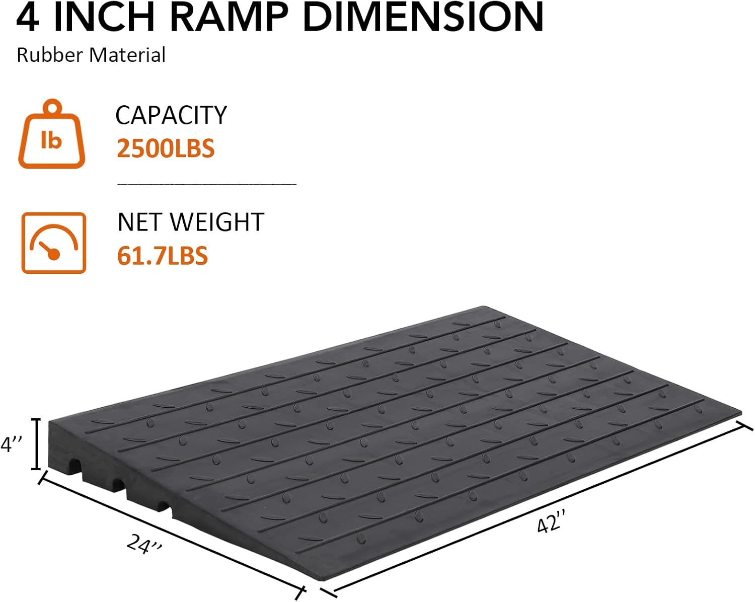 Rubber Threshold Ramp, 4' Ramp for Wheelchair, Scooter, 3 Channels Doorway Ramp, Wheelchair Ramp, Handicap Ramps for Home Entry, Driveway, Curbs, Steps with Slip-Resistant Surface, 2500 Lbs Capacity
