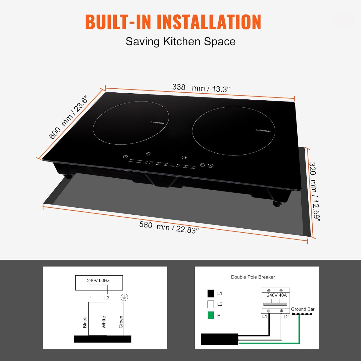 Happybuy Electric Cooktop, 2 Burners, 24'' Induction Stove Top, Built-in Magnetic Cooktop 1800W, 9 Heat Levels, LED Touch Control with Child Lock & Overheat Protection