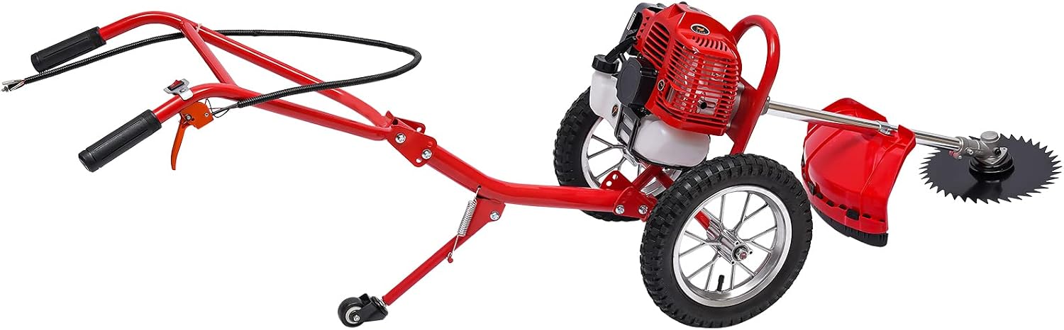Walk Behind Lawn Mower, 49CC 2-Stroke Gas Brush Cutter with 7000R/Min High Speed Foldable Auxiliary Wheel & 2 Loosening Blades Lawn Trimmer Weeding Machine for Home Yards Gardens Small Farms Etc