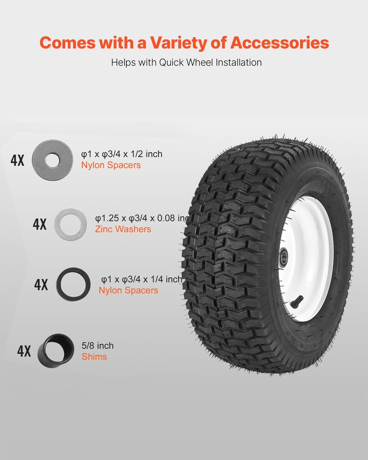 VEVOR Lawn Mower Tires, 16x6.5-8 in Tubeless Tractor Tires with Rim, 2 Pack Tire & Wheel, 3 in Offset Hub, Turf Pneumatic Tires, 3/4 in Bushing Size, 16 PCS Adapters for Riding Mower, Lawn Tractor