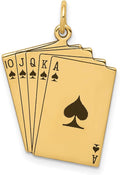 14k Yellow Gold Enameled Royal Flush Playing Cards Charm, Poker Pendant | 26 x 18 mm size, black enamel accents, polished solid flat-back design, themed poker card charm